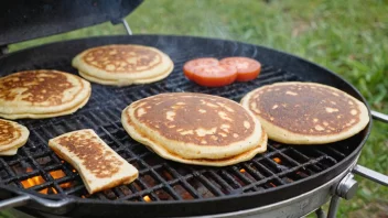 En pose grillmel med en grill i bakgrunnen, hvor pannekaker og brød blir kokt på.