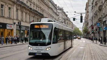 En sporveisbuss som kjører på en sporveislinje i en by.