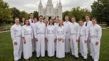 En gruppe mormonere står foran et tempel.