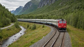 Et tog på en jernbane i et norsk landskap