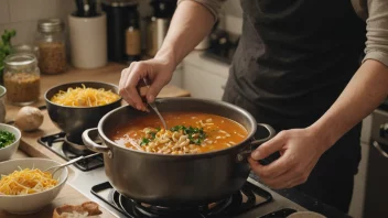 En person rører en stor gryte med suppe på en komfyr