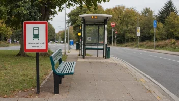 En typisk bussholdeplass med et skilt som viser bussruten og en benk for passasjerer å sitte på.