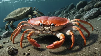 En klipras krabbe i sitt naturlige habitat, med fokus på dens unike skall og den omkringliggende fjordmiljøet.