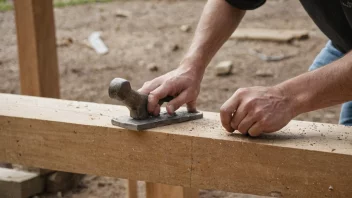 En person i en bygghatt og vest, som bruker en hammer til å drive nagler inn i en trebjelke, med en by i bakgrunnen.