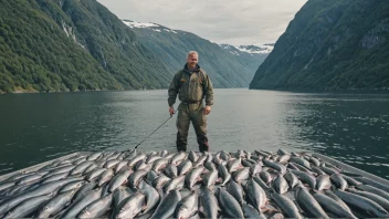 En lakseoppdretter på en fiskefarm, omgitt av naturskjønne fjorder og fjell.