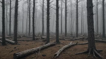 Et skremmende bilde av en skog som er rammet av sykdom eller infeksjon, med døde trær som dominerer landskapet.