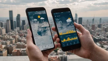 En person som sjekker værvarsligen på telefonen sin, med en bybakgrunn som viser forskjellige værforhold.