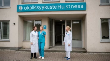 Et sykehusbygg med en skilt som sier 'Lokalsykehustjeneste' på norsk.