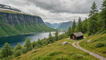 Et idyllisk fjellandskap med en tradisjonell norsk hytte i bakgrunnen, omgitt av frodig vegetasjon og noen turgåere i forgrunnen.