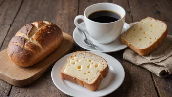 En tradisjonell norsk brød, kleba, på et trebord med en kopp kaffe og en skive ost.