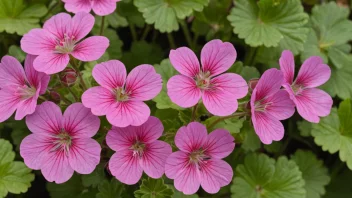 En vakker geraniumplante med lysende blomster og blader