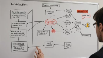 En person foran en whiteboard med et flytdiagram, hvor undersøkelsesfasen er fremhevet.