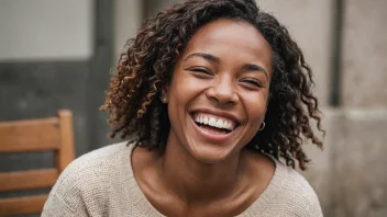 En person med et stort smil på ansiktet, ler og har det gøy