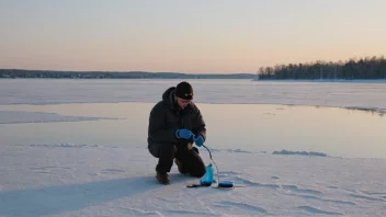 En person sjekker iskvaliteten på en frossen innsjø.