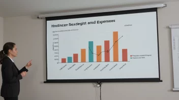En person som presenterer en budsjettale med en projektor skjerm i bakgrunnen som viser en graf over inntekter og utgifter.