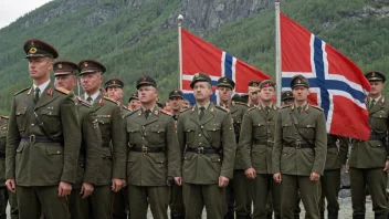 En gruppe norske militære offiserer og soldater i uniform, med et norsk flagg i bakgrunnen.