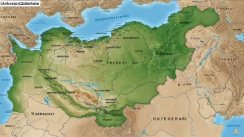 Et kart over Usbekistan, et land i Sentral-Asia, kjent for sin rike historie, kultur og geografiske mangfold.