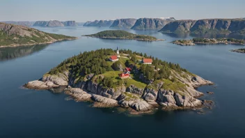 Et fredelig bilde av Hundholmens øy i Norge med en klar blå himmel og rolige vann.