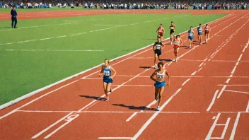 Et bilde av en sportsbane med en startlinje og utøvere i forskjellige startposisjoner.