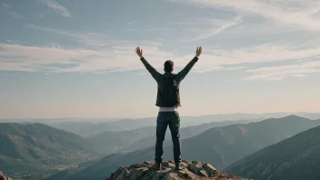 En person som uttrykker glede og frihet på en fjelltopp.