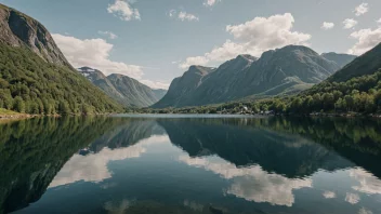 En fredelig innsjø i Norge med fjell og trær i bakgrunnen