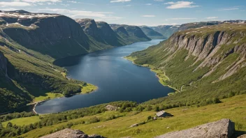 Et idyllisk landskap av Skoppums i Norge, med en fredelig innsjø og omkringliggende åser.