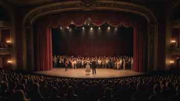 En teaterforestilling med fullt hus og en scene med skuespillere.