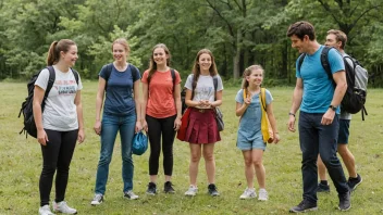 En gruppe elever og lærere på en skoletur, som deltar i utendørs aktiviteter og læringsøvelser.