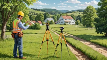 En landmåler i gul vest og hatt måler eiendomsgrensen med en teodolit, med et landlig landskap i bakgrunnen.