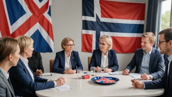 En gruppe mennesker fra ulike bakgrunner og aldre samlet rundt et bord, engasjert i en diskusjon eller møte, med et norsk flagg eller et demokratisk symbol i bakgrunnen.