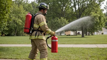 En brannmann som holder en brannslukker, med et sprinkleranlegg i bakgrunnen