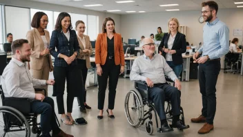 En gruppe mennesker med ulike evner og funksjonsnedsettelser i en arbeidsplass, med fokus på inklusjon og tilgjengelighet.