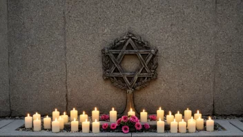 Et holocaust-minnesmerke med en menorah, lys, blomster og steiner, mot en subtil bakgrunn av en konsentrasjonsleir.