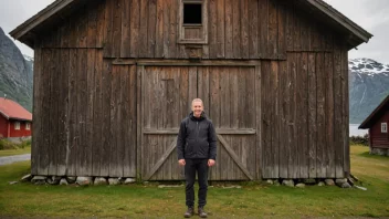 En person med tilknytning til en tradisjonell norsk låve, stående foran bygningen.