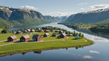 Et pittoreskt norsk landskap med en liten bosetning i bakgrunnen.