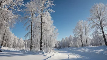 Et vinterlandskap i Norge med en blå himmel og snødekte trær.