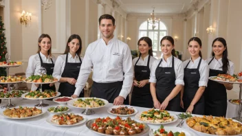 En cateringselskaps ansatte i uniform, med en buffétbord i bakgrunnen.