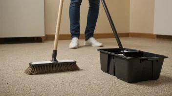 En person som feier gulvet med en kost, og en dustpan og en søppelkasse i nærheten.