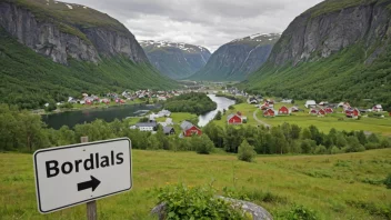 Et malerisk landskap av en norsk dal eller landsby med et synlig skilt eller kart som viser navnet Bjordals.