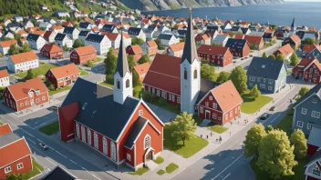 En illustrasjon av et norsk samfunn med en kirke eller samfunnssenter i sentrum.