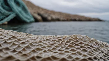 Et nærbilde av en fiskeskin, med en bakgrunn av fiskegarn og et uskarpt bilde av en fisk i bakgrunnen.