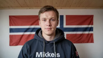 En person med et norsk flagg i bakgrunnen, med navnet Mikkels skrevet i tykke bokstaver.