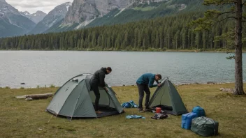 En person som setter opp en telting på en campingplass med en naturskjønn bakgrunn