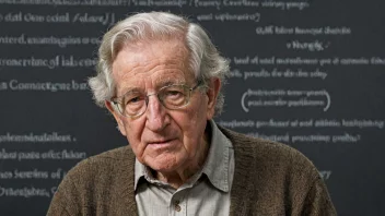 Et bilde av Noam Chomsky med en bakgrunn av lingvistiske og kognitive vitenskapelige konsepter