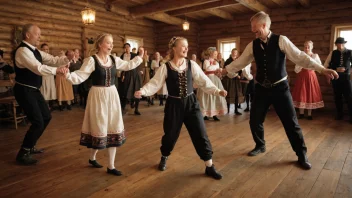 Folk som danser gammeldans i en tradisjonell setting.