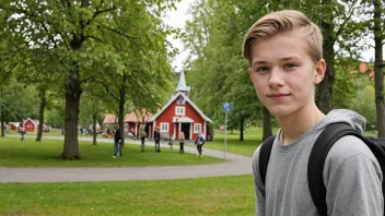 En tenåring i en avslappet drakt står i en park med en skolebygning i bakgrunnen.