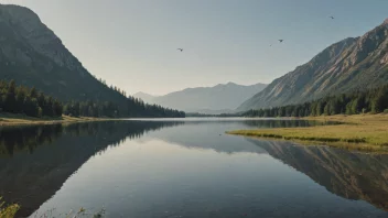 Et fredelig landskap med en stille innsjø og omkringliggende fjell, med noen fugler som flyr i det fjerne.