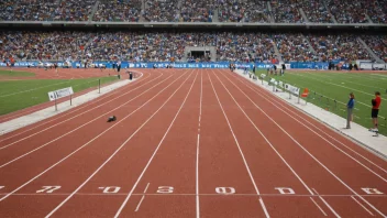 Et idrettsstadion med en løpebane og et felt, med en klokke eller en timer i forgrunnen.