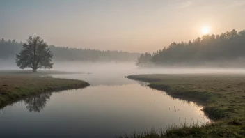 Et fredelig og rolig landskap med en tåkete atmosfære, som illustrerer begrepet stillhet og ro.