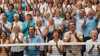 En gruppe mennesker samlet rundt en tennisbane, ser på en kamp med entusiasme og begeistring